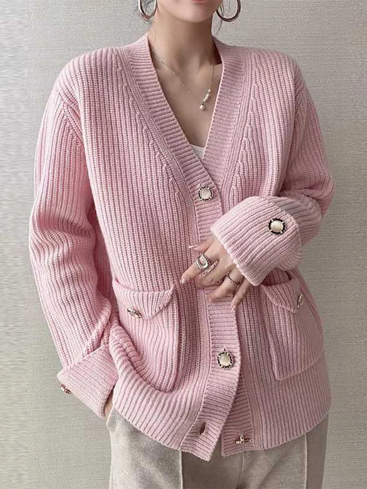 Winter 2023 Korean Fashion Women\'s Elegant Solid Pink Outerwear Pearl Button Knitted V-neck Y2k Cardigans Vintage Warm Sweater