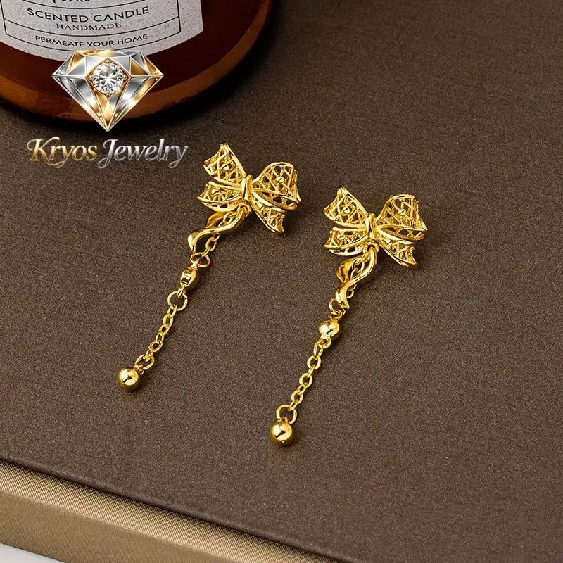 

Kryos Jewelry Luxury 24K 9999 Pure Gold real gold Women's Hollow Bow Tassel Earrings