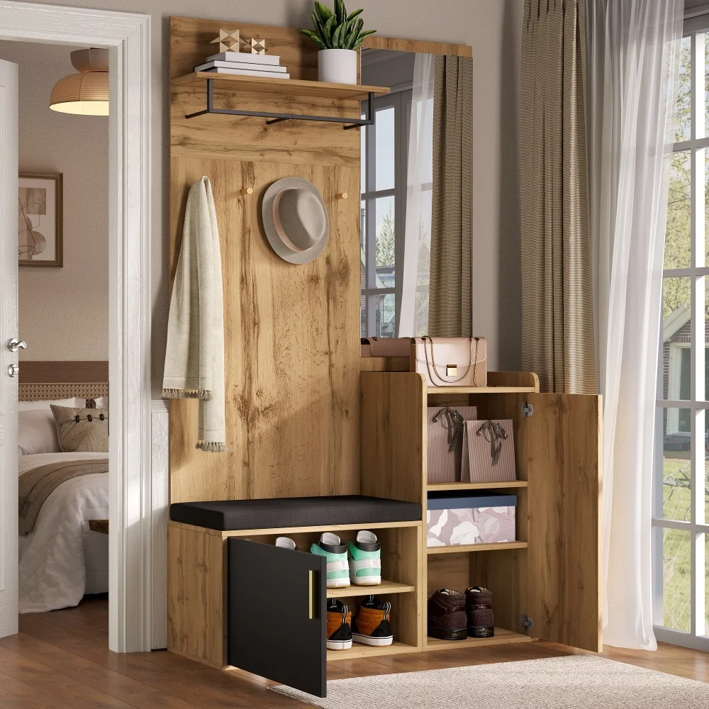 PINGGO Kompakter Kleiderschrank mit Spiegel und Sitzfläche, Kleiderschrank mit Schuhregal und Haken, kompakter Kleiderschrank, der an der Wand bohren muss – Detail 5