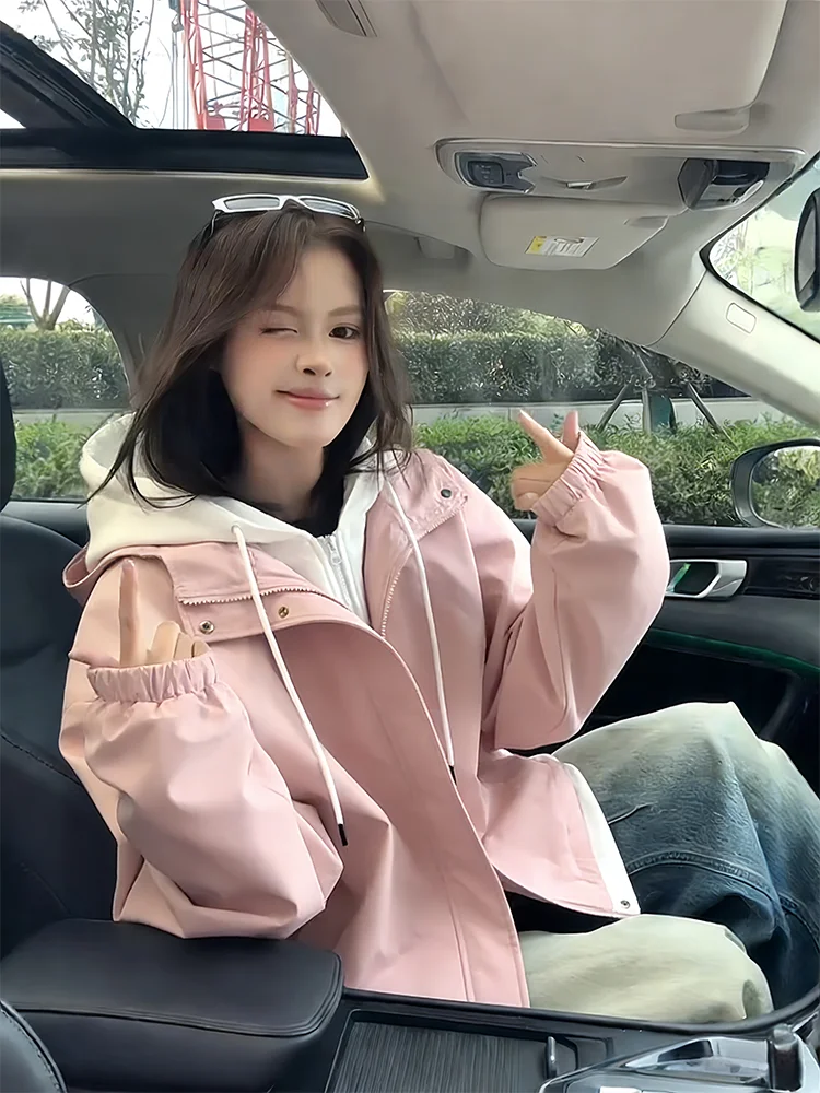 

Розовая куртка с капюшоном Dopne: демисезонная, ветрозащитная, повседневная, из полиэстера, молодежная, модная