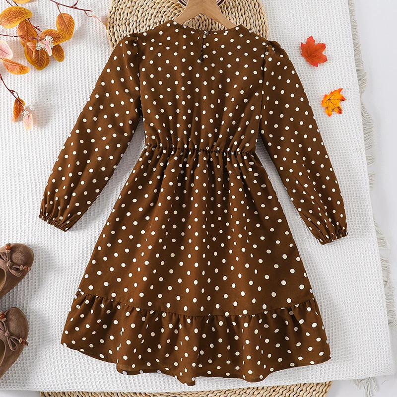 Teen Girls Retro Dot Print Casual Dress, Crew Neck Back Zip Lantern Sleeve Gathered Waist Swing Midi Dress