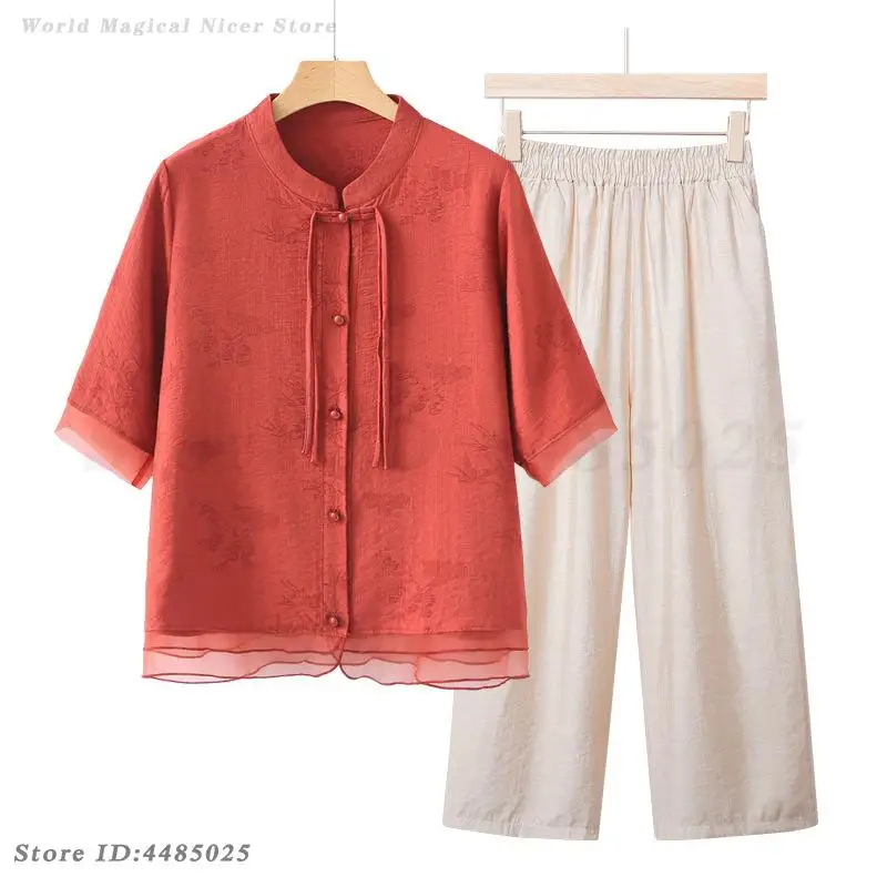 2025 Summer Fashion Vintage Tang Suit Loose-Fit Shirt Top&Pant Set for Middle-Aged Elderly Women Chinese Style National Outfit