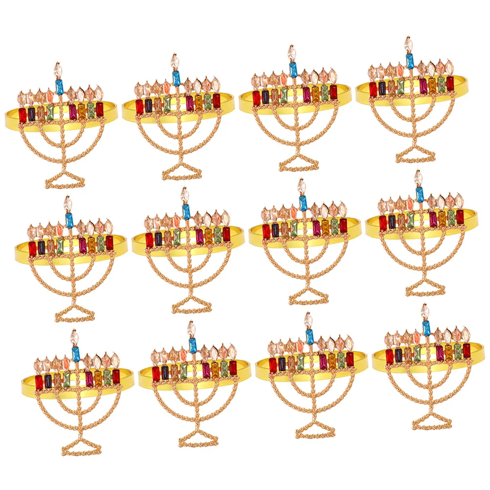 

12Pcs Menorah Napkin Rings Hanukkah Stand Molded Alloy Serviette Buckle Set for Dinner Table Party Hotel Decorative