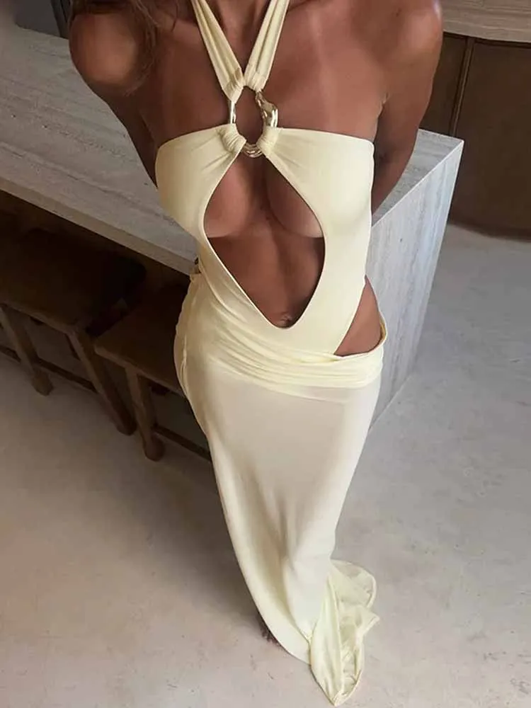 

BKQU сексуальный ажурный комплект из двух предметов, женские праздничные наряды, металлические боди с лямкой на шее и открытой спиной, прозрачная макси-юбка, элегантная женская пляжная одежда