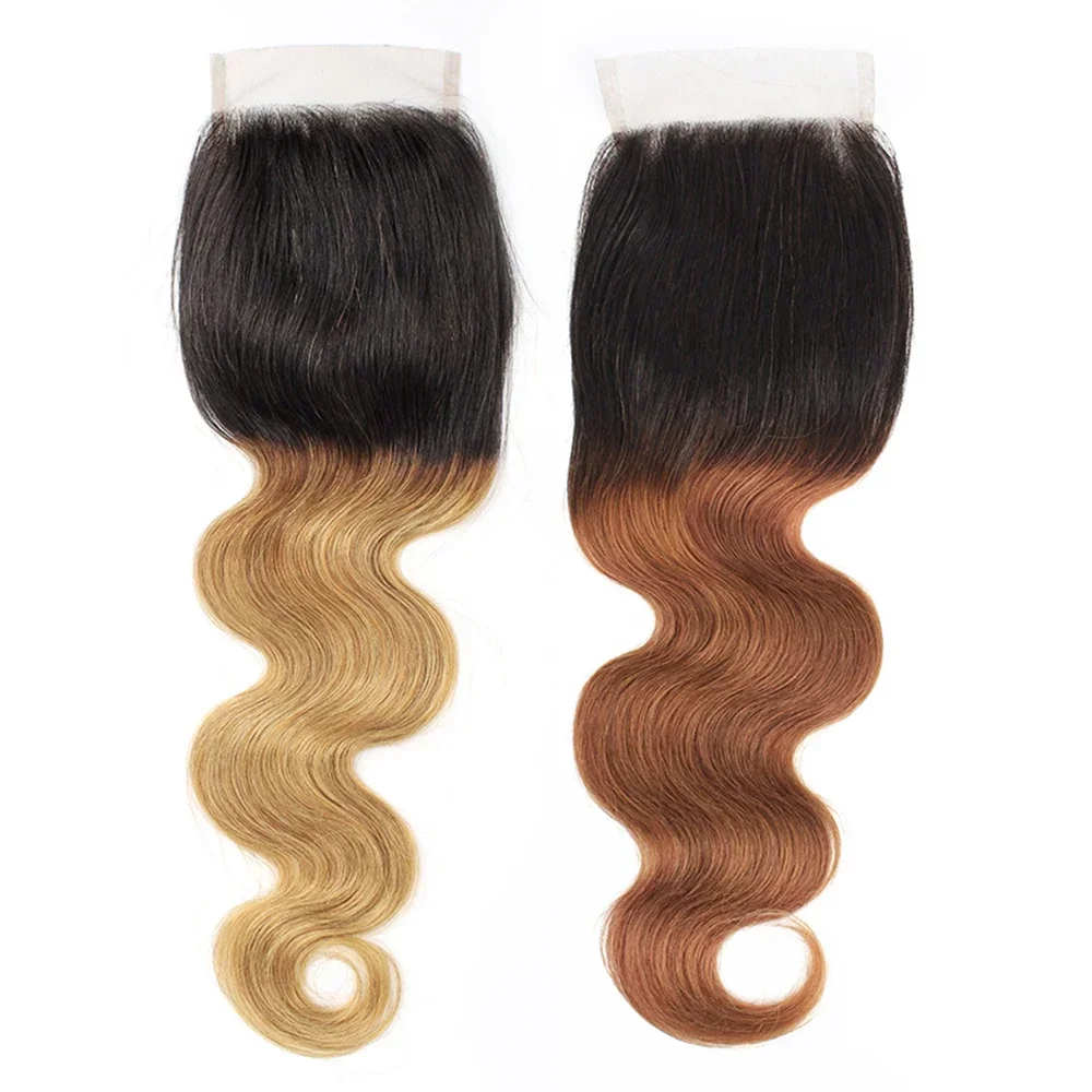 4x4 vetersluiting Echt haar Body Wave Natuurlijke kleur Donkerbruin Hoogtepunt Honingblond Bordeaux Indian Remy-collectie