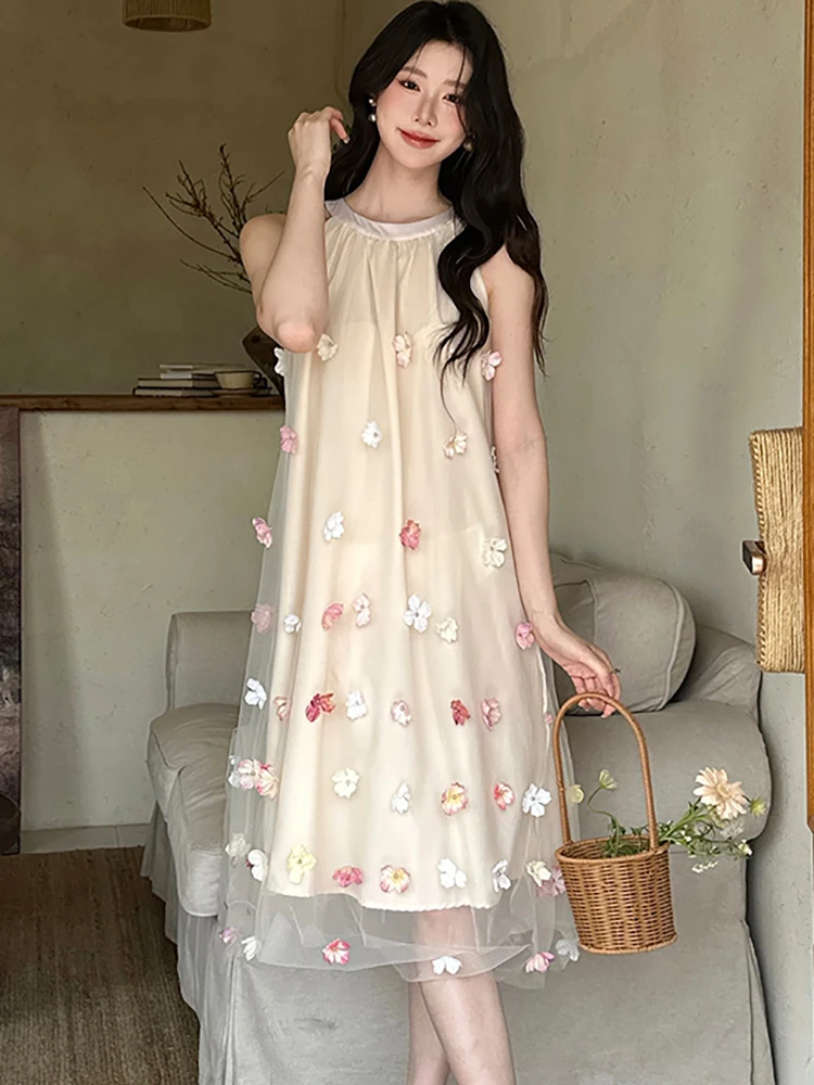 Women New Mesh Appliques Chic Neck-mounted Midi Dress Summer Boho Elegant Loose Waist Casual Dress 2025 Korean Luxury Prom Dress