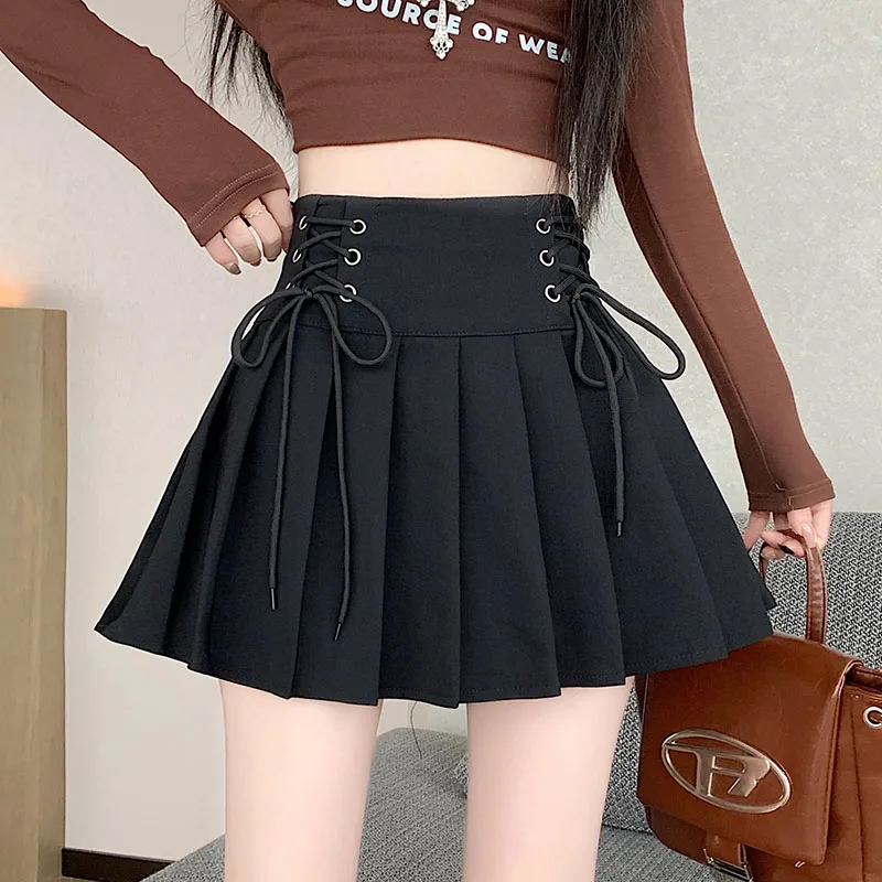 Frauen Y2K Dicken Rock Schwarz Hohe Taille Gefaltete Kurze Abnehmen Halbkörper Winter