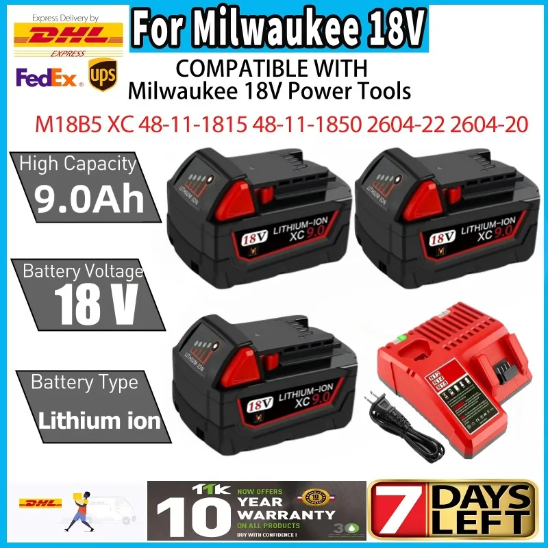 

For Milwaukee M18 Battery 8000mAh 18V Rechargeable Battery For Milwaukee Tool M18B5 XC 48-11-2402 48-11-2411 2604-22