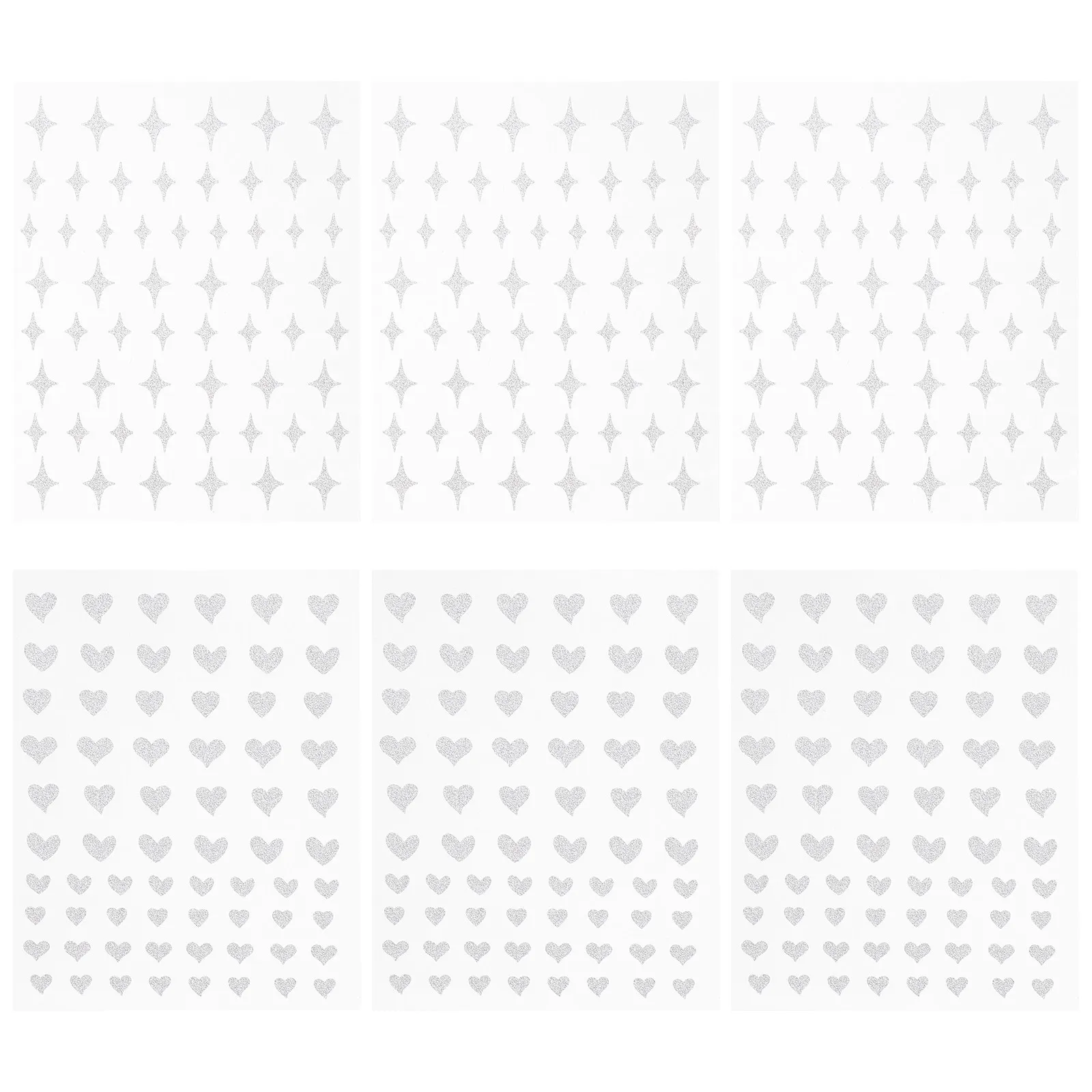 

6 листов серебряных блестящих наклеек для ногтей с дизайном в виде сердечек и звезд, самоклеящиеся, легко наносятся, для маникюра, для начинающих женщин