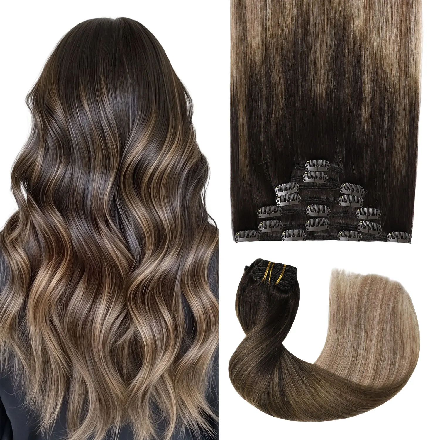Extensions à clipser Sweetmet Pro2.0 en cheveux humains, 120g, épaisses, 7 pièces # Extensions de cheveux humains Remy brun foncé à brun châtain et blond cassé, à clipser, 35cm-55cm, en tissu double maille sans couture, pour femmes