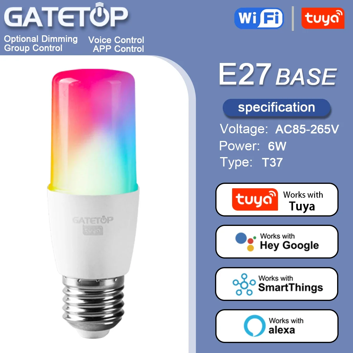 

Лампа светодиодная Tuya Rgb 6 Вт Smart T37 E27 с регулировкой яркости, 85-265 В переменного тока