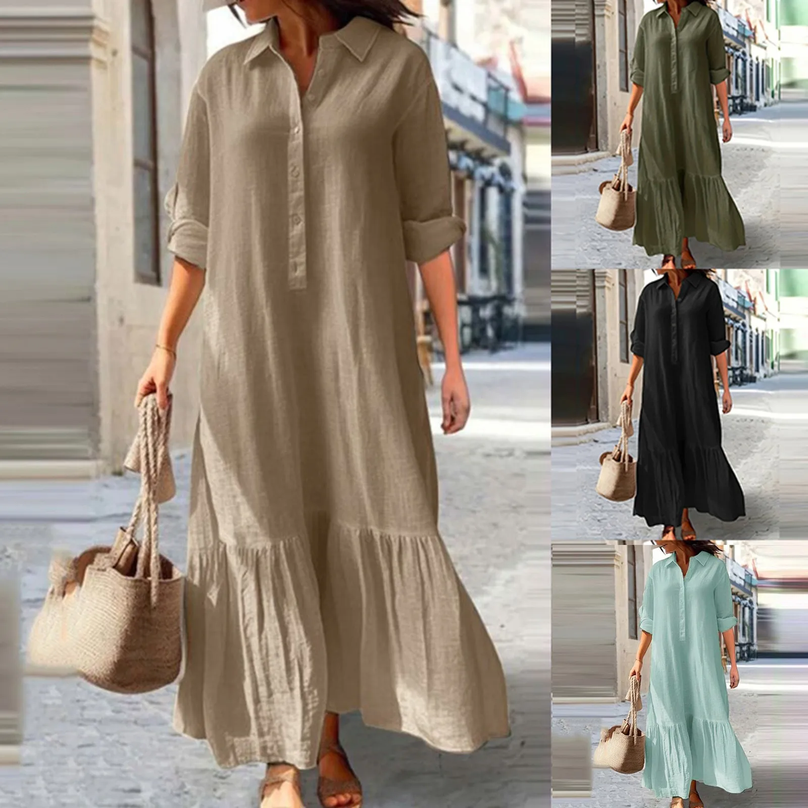 2024 abito da donna in lino di cotone primaverile camicia a maniche lunghe allentata nera abiti estivi femminili abiti eleganti oversize casual da donna