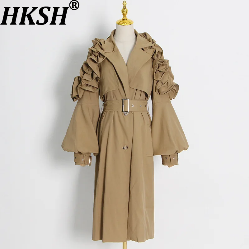 

HKSH Autumn New Women Streetwear Fashion Trench Coat Ruffled Edge Patchwork Elegant Slim-Fit Trend Long Sleeve Jacket Ins HK8447