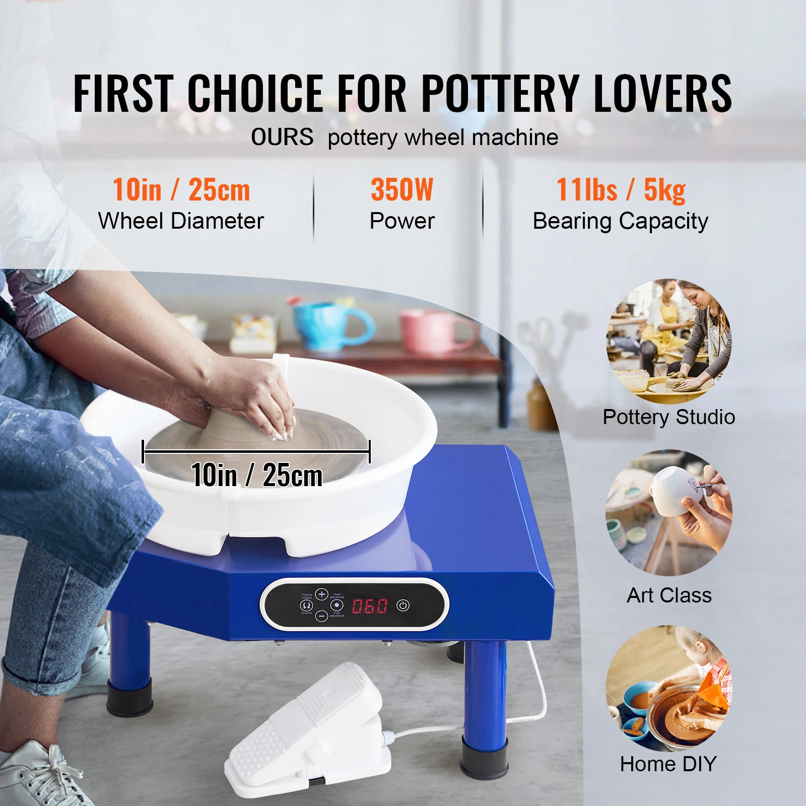 VEVOR 10in Pottery Wheel Machine Ceramic Forming Adjustable 60-300RPM Speed Manual LCD Panel Foot Pedal ABS Detachable Basin