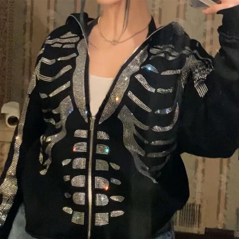 Full Zip Hoodie 2023 Rhinestone Skeleton Y2k Black Grunge Jacket Gothic Long Sleeve Oversized Hoodie Sweatshirt Woman Sport Coat