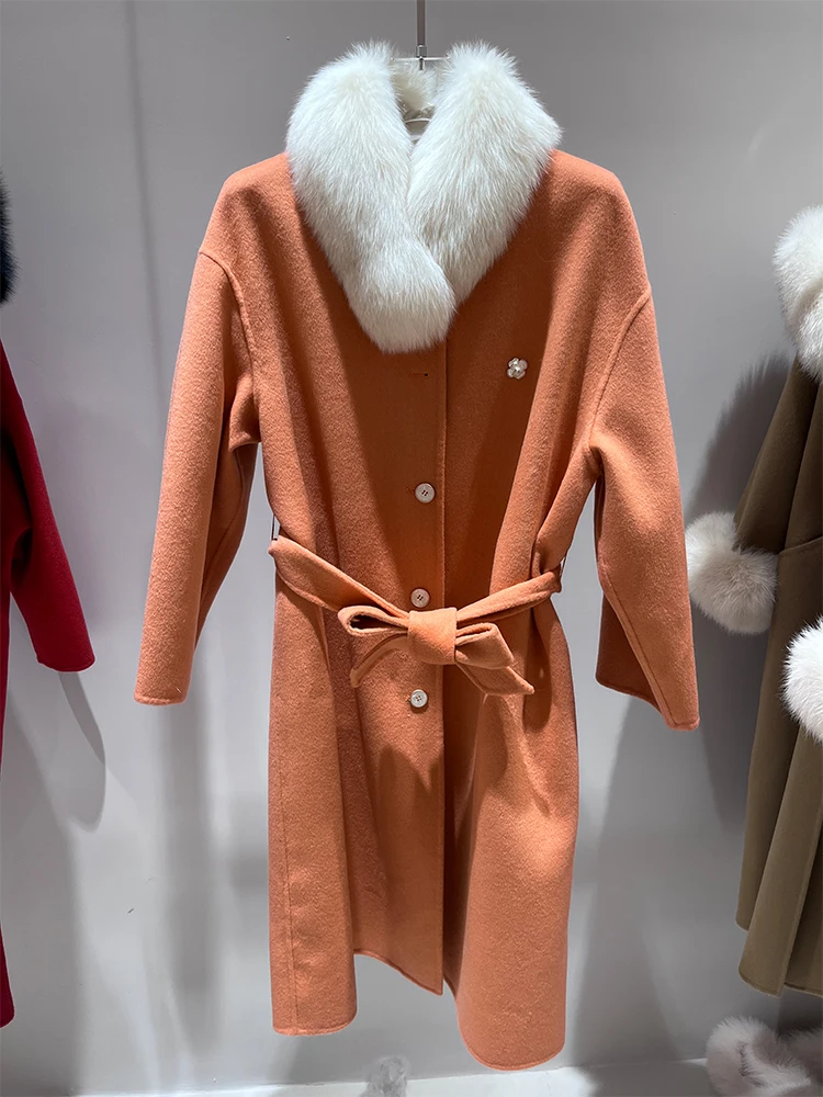 

2023 Real Fur Coat Ladies Detachable Natural Fox Fur Collar Cashmere Wool Woolen Outerwear Winter Jacket Women