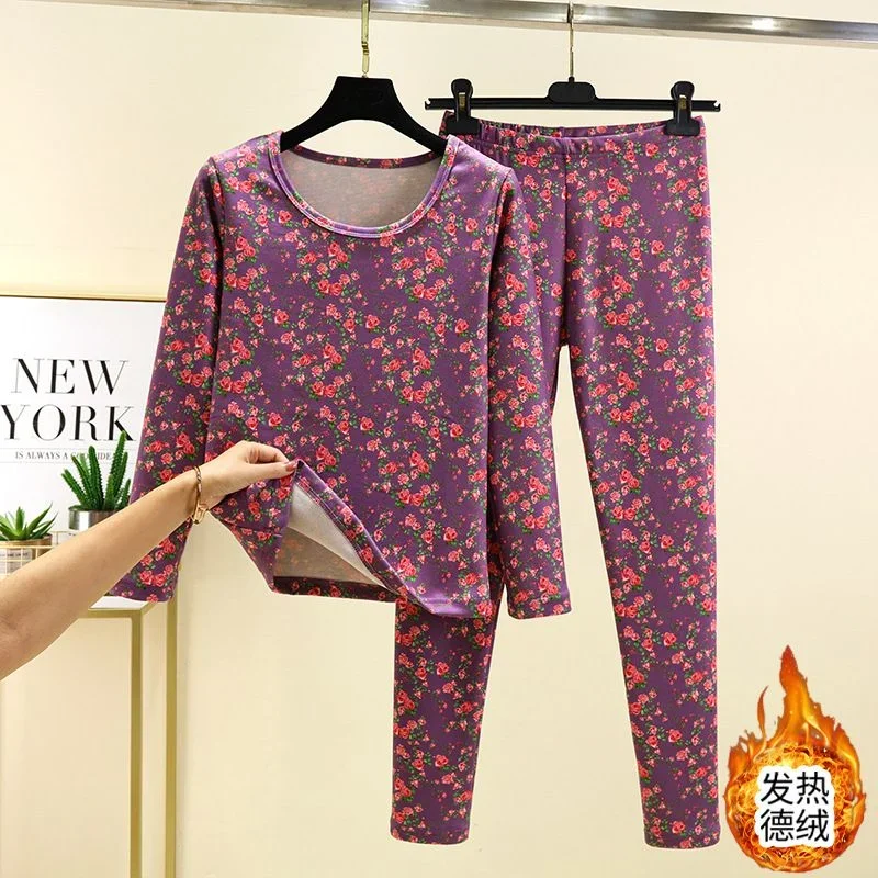 

Middle-aged Elderly People Clothes Trousers Heating Base Two-pieceset German Velvet Floral Round Neck Thermal Underwear
