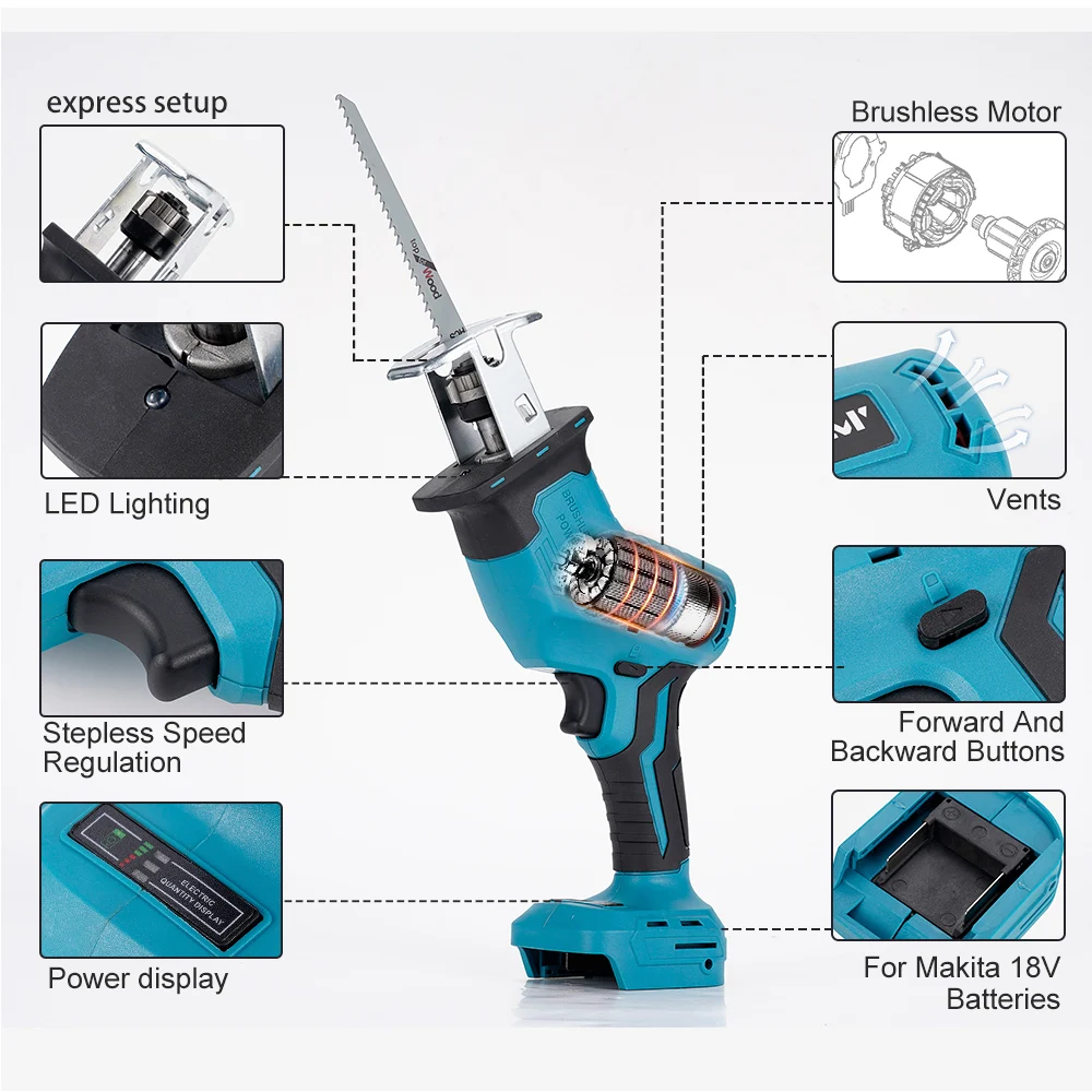 Brushless Electric Reciprocating Saw Cordless Multifunction Saw Metal Wood Cutting Machine Power Tool For Makita 18V (No Battery