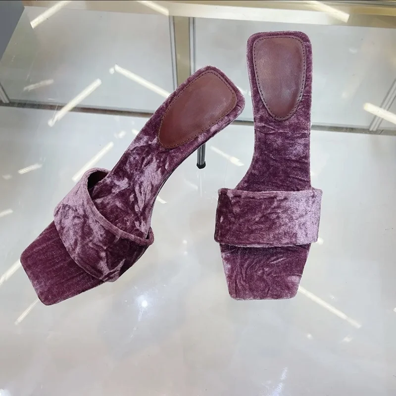 

Purple Velvet One-Strap Slippers Square Toe Stiletto Solid Mules Summer Open Thin High Heels Party Wedding Shoes Sexy Elegant