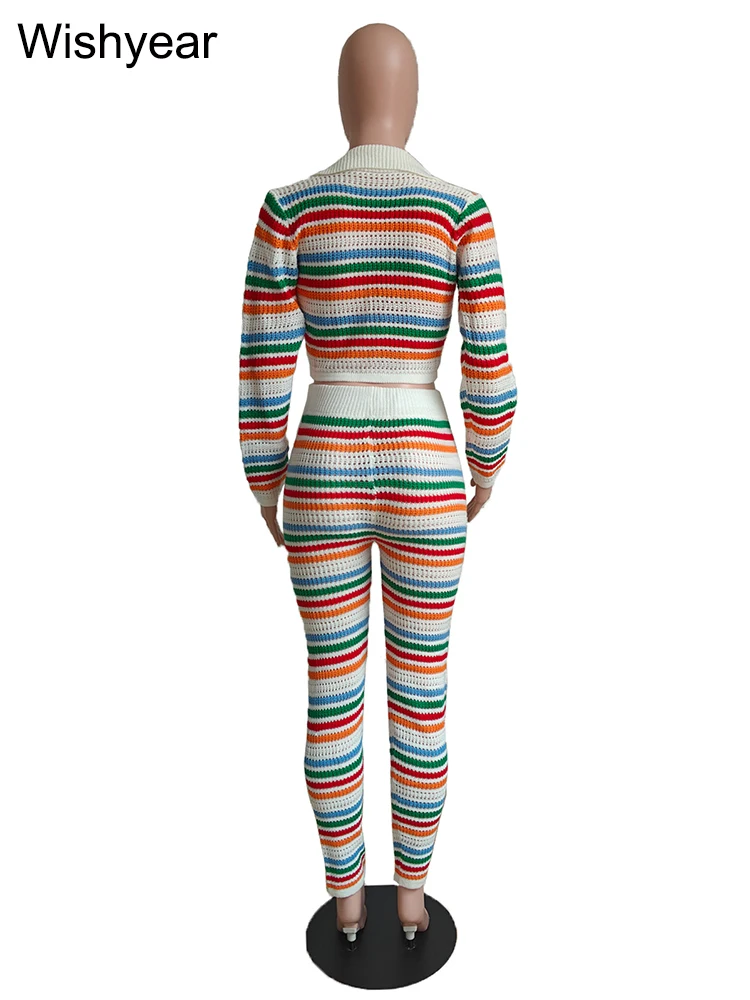 Rainbow Stripe Knit Ribbed Women Pencil Pants and Long Sleeve Button Crop Tops Two 2 Piece Set Streetwear Club Office Outfit y2k