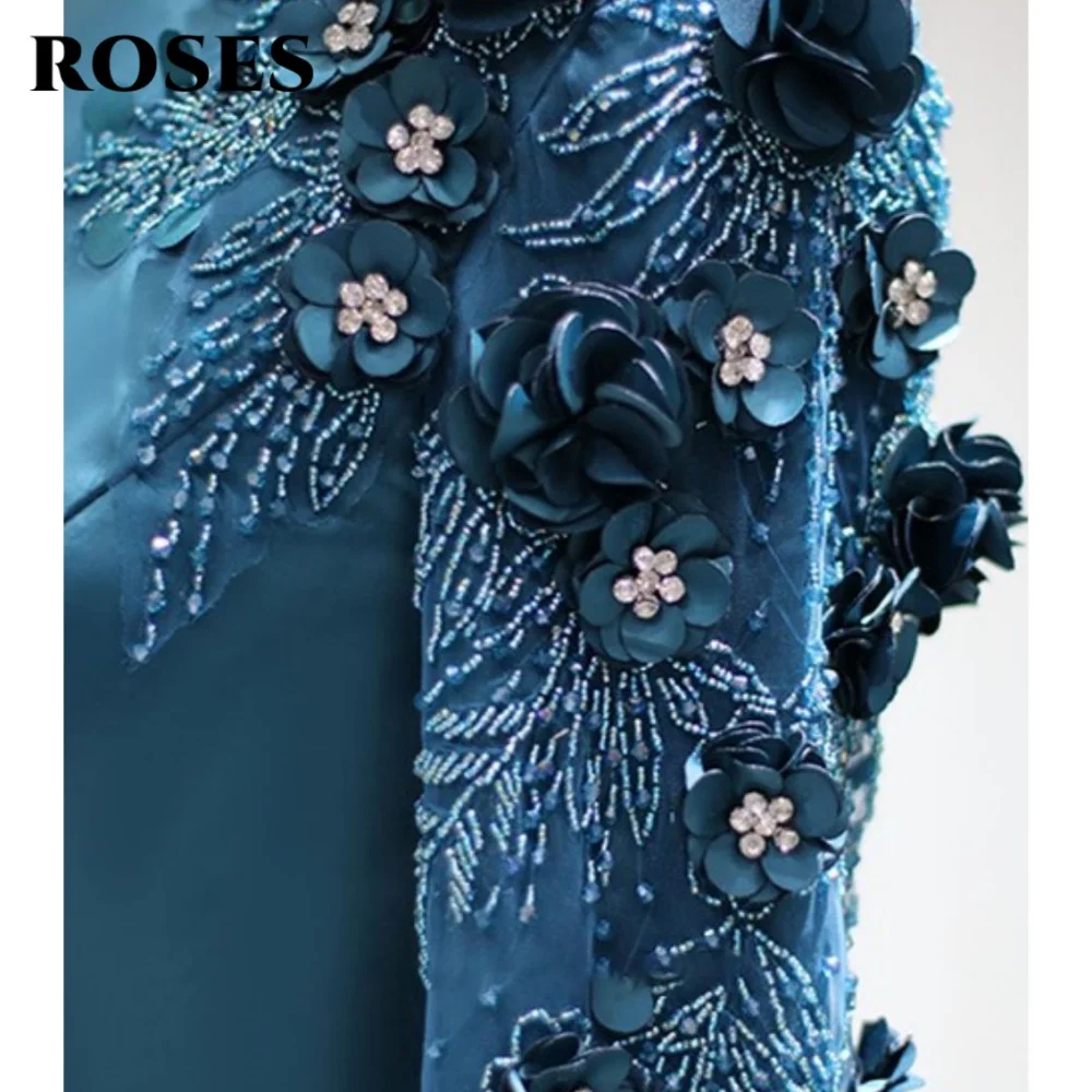 ROSES-Robe de Bal Élégante en Satin à Manches sulfpour Femme, Col Rond, Fleurs 3D, Perles, Chic, Violet