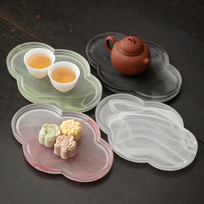 Chinese Style Ink Painting Glazed Crabapple Dry Tea Tray Retro Pot Stand with Cloud Pattern Water Storage