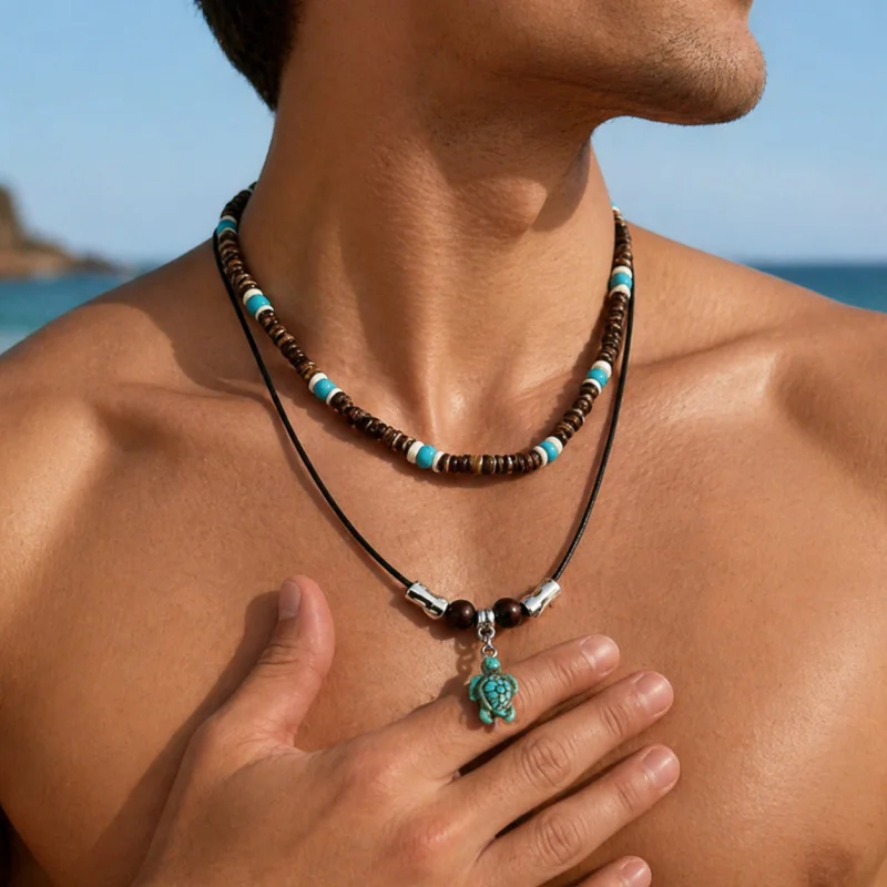 Natural Coconut Shell Men Necklace Tropical Beach Vacation Style Pendant Choker Jewelry for Summer Outfit Casual Styling