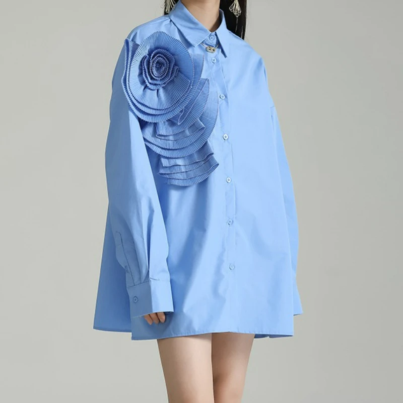 

Плиссированное платье-рубашка с объемным цветком и длинными рукавами, весна 2021, новое легкое роскошное французское свободное шикарное платье для женщин