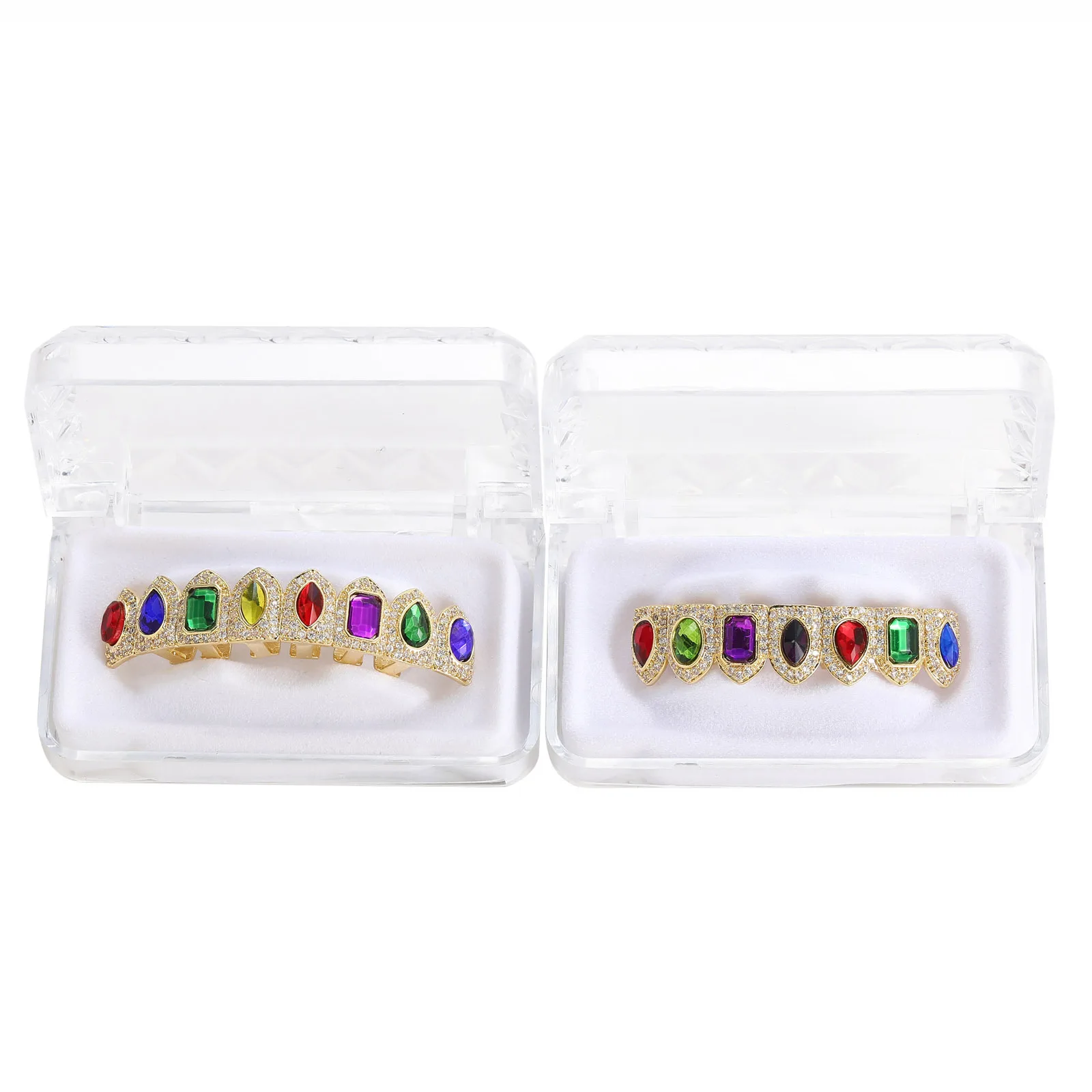 

Colored Gemstones Hip Hop Iced Out Irregular Teeth Grillzs Set Fang Men AAA CZ Zircon Stone Bling Dental Grills Rapper Jewelry