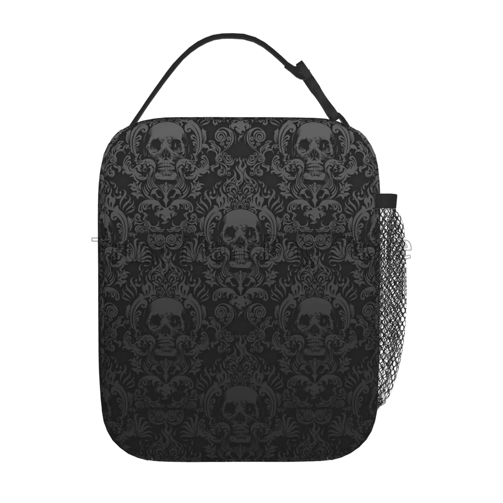 Vintage Halloween Black Victorian Gothic Skull Damask Insulated Lunch Bag Portable Waterproof Lunch Box Thermal Cooler Tote Bags