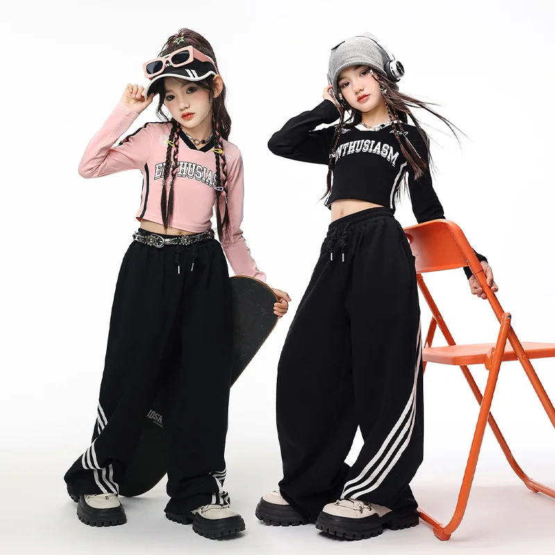 Jazz Hip Hop Dance Clothes for Girls Pink Long Sleeves Tops Black Baggy Pants Street Dance Sets Kids Group Show Competition Wear