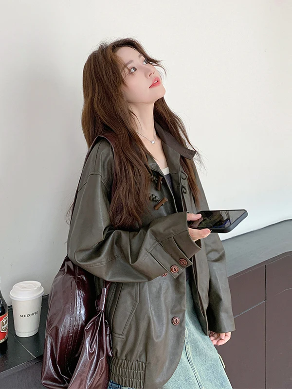 Cool ort PU Leather Jaet Women's Stand Collar Cow Horn Button Spring Autumn 2025 New Unique Faionable Leather Coat