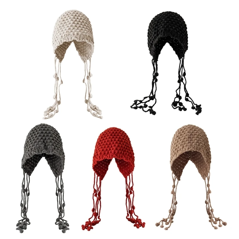 

Autumn Winter Hand-knit Hat Womens Hat Sweet Tassels Pullover Hat