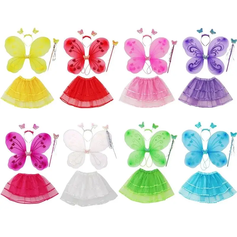 Girls Party Gift RolePlay Butterflies Costumes Princess Fairy Wings Magic Wand Headband Skirt 4Pcs Halloween Cosplay Party Props