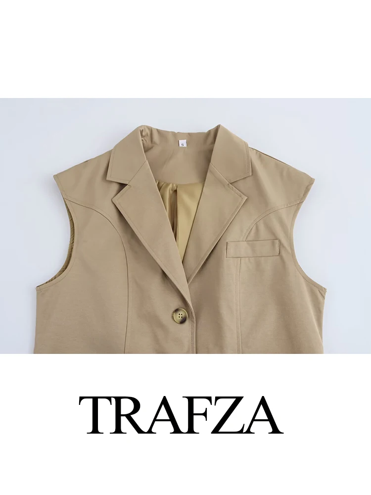 TRAFZA, chaleco clásico versátil a la moda para mujer, chaleco con cuello vuelto para ir al trabajo, chaleco informal sin mangas de un solo pecho elegante para mujer