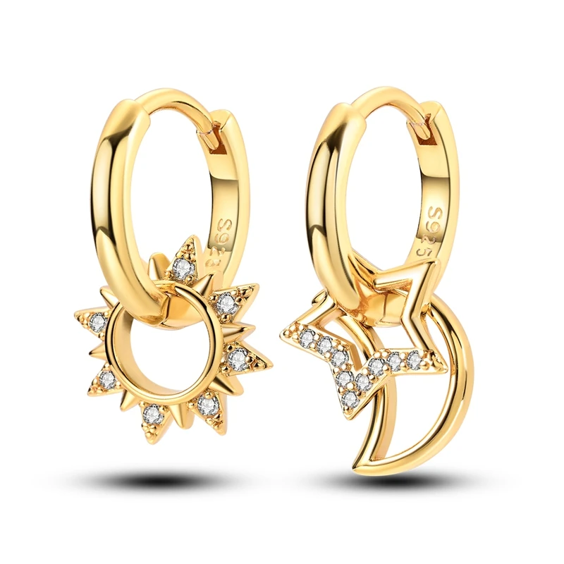 925 Sterling Silver Earrings Women Gold Plated Asymmetrical Sun Stars Moon  Drop Earring For Anniversary Wedding Jewelry Gifts