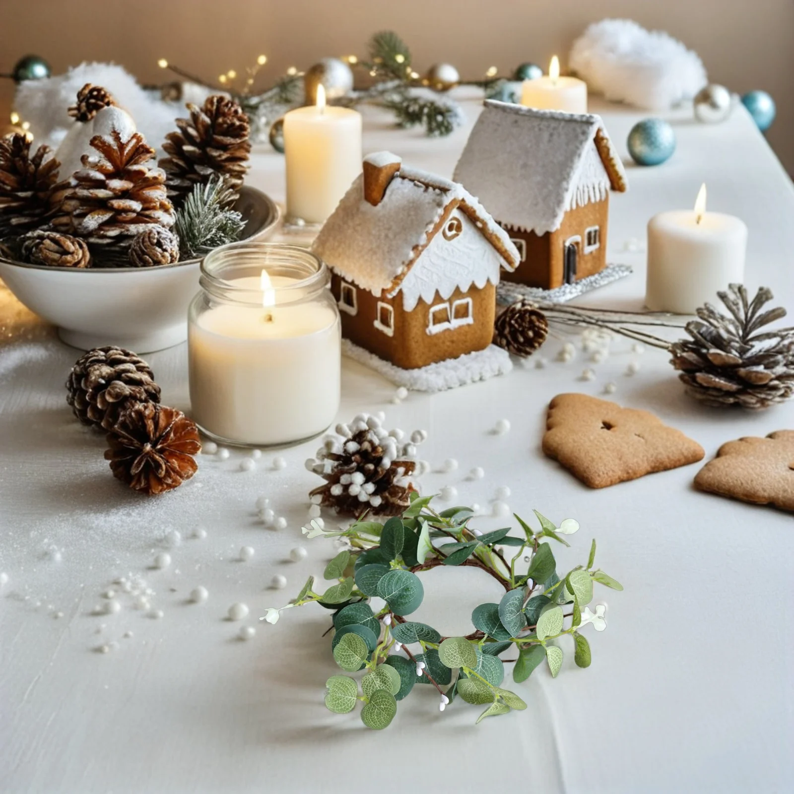 

Artificial Eucalyptus Ring Wreath Decorative Pillar Holder with Fake Leaves for Wedding Party Home Table Decor