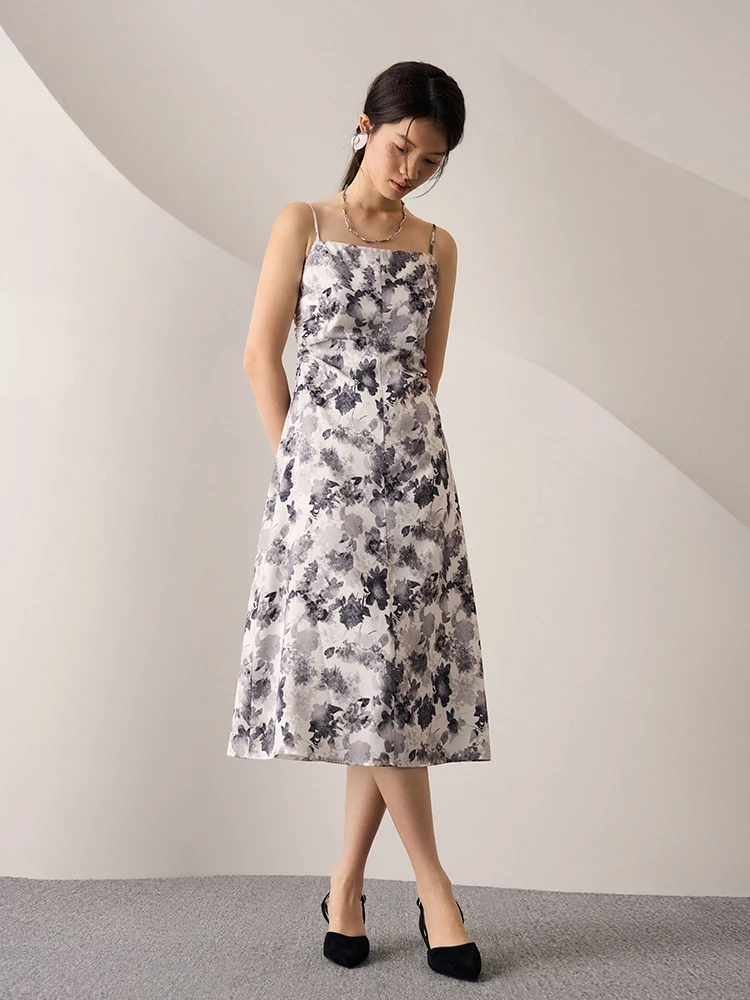 Ziqiao francês chiffon impresso vestido de cordão para o outono feminino 2023 novo vestido de cintura alta casual solto vestido feminino