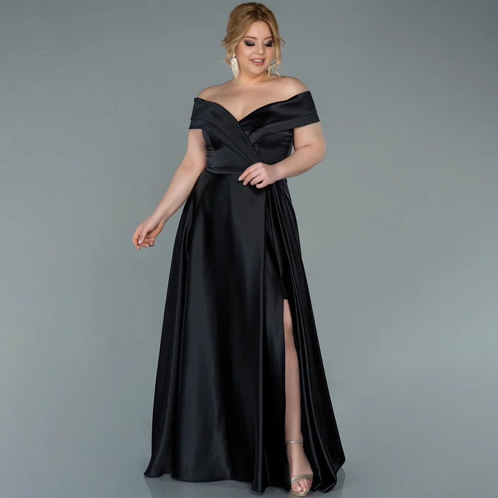 Plus Size Mother of  Bride Dresses Black Satin Off  Shoulder Women's Evening Dress Long A Line Elegant Wedding Guest Gowns