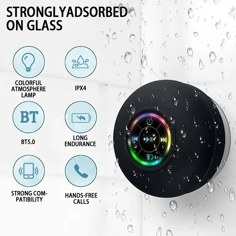 Wireless Bluetooth Speaker LED IPX4 Waterproof Loudspeaker Outdoor Bathroom Large Suction Cup Portable Mini Stereo Sound Box