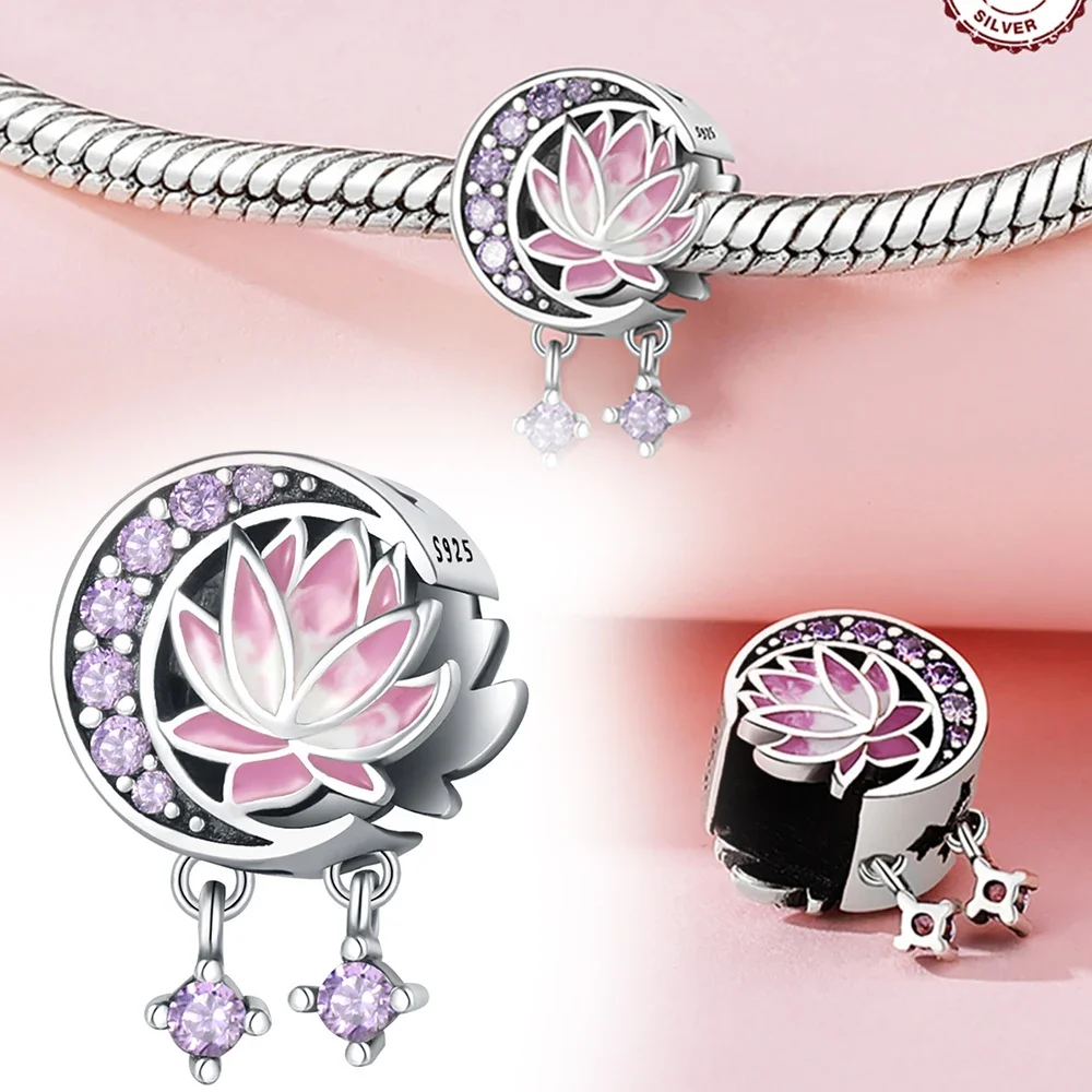 925 Sterling Silver Lotus and Butterfly Charme para Mulheres, Pingente Beads, Fits Original Pulseira Pandora, Fazer Jóias