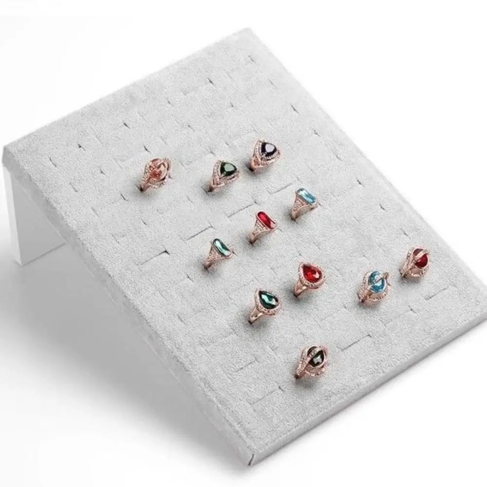 50 Slots Rings Display Stand Black Gray Space-Saving Jewelry Organizer L Shaped Soft Velvet Ring Holder Shop Counter