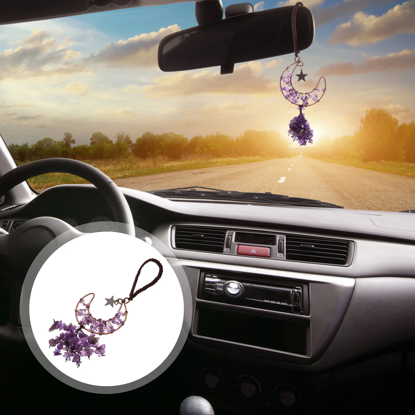 

Moon Crystal Hanging Ornament Decorative Star Detail Car Rear View Mirror Hanging Decoration for Women Unique Vehicle Interior