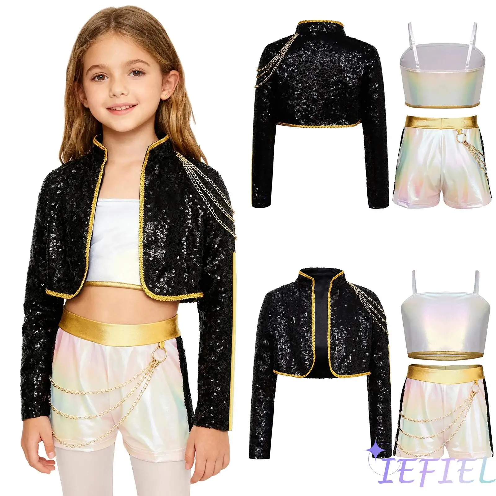 

Enchanting Demon Costume Set for Girls Crop Top Long Sleeve Gold Webbing Outer Wear And Waist Chain Shorts for Halloween Cosplay