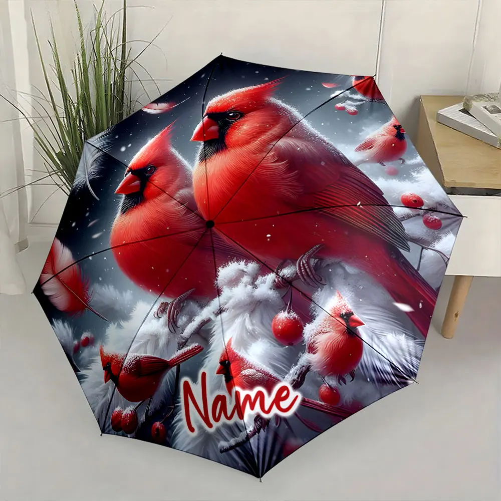 Custom Name Red Cardinals Printed Umbrella Perfect for Rainy Days Print 8 Iron Ribs Folding Umbrella Auto-Open Fashion Sunshade