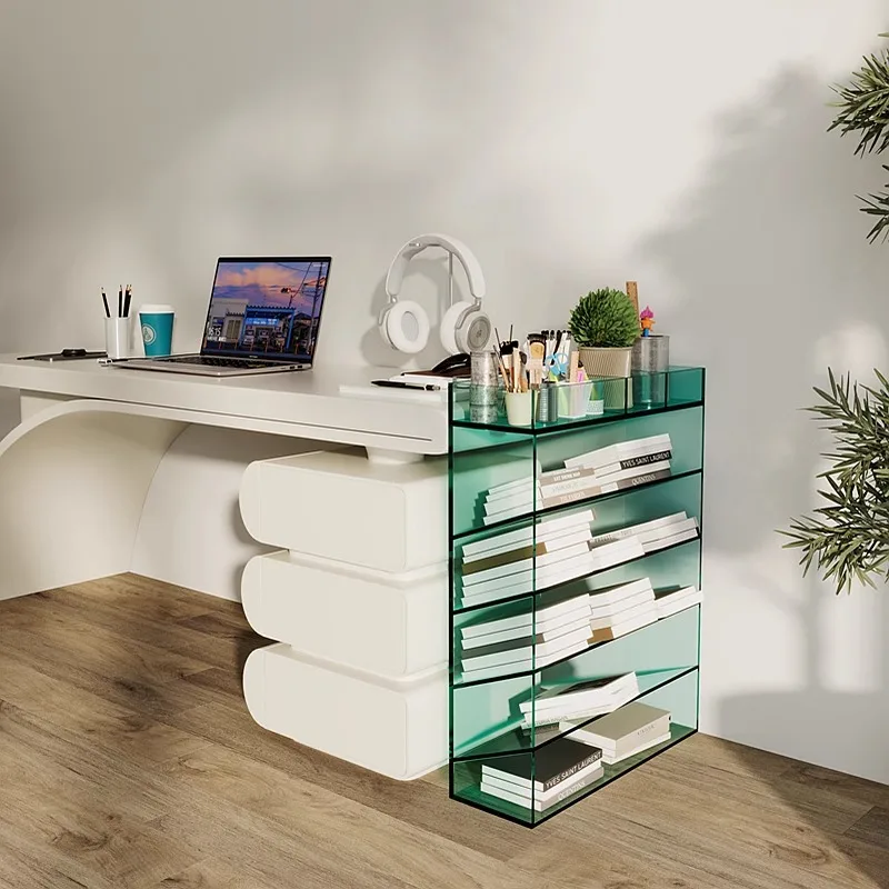 Acrylic narrow cabinet storage bookshelf, multi-layer floor-to-ceiling stationery storage cabinet next to the small study table