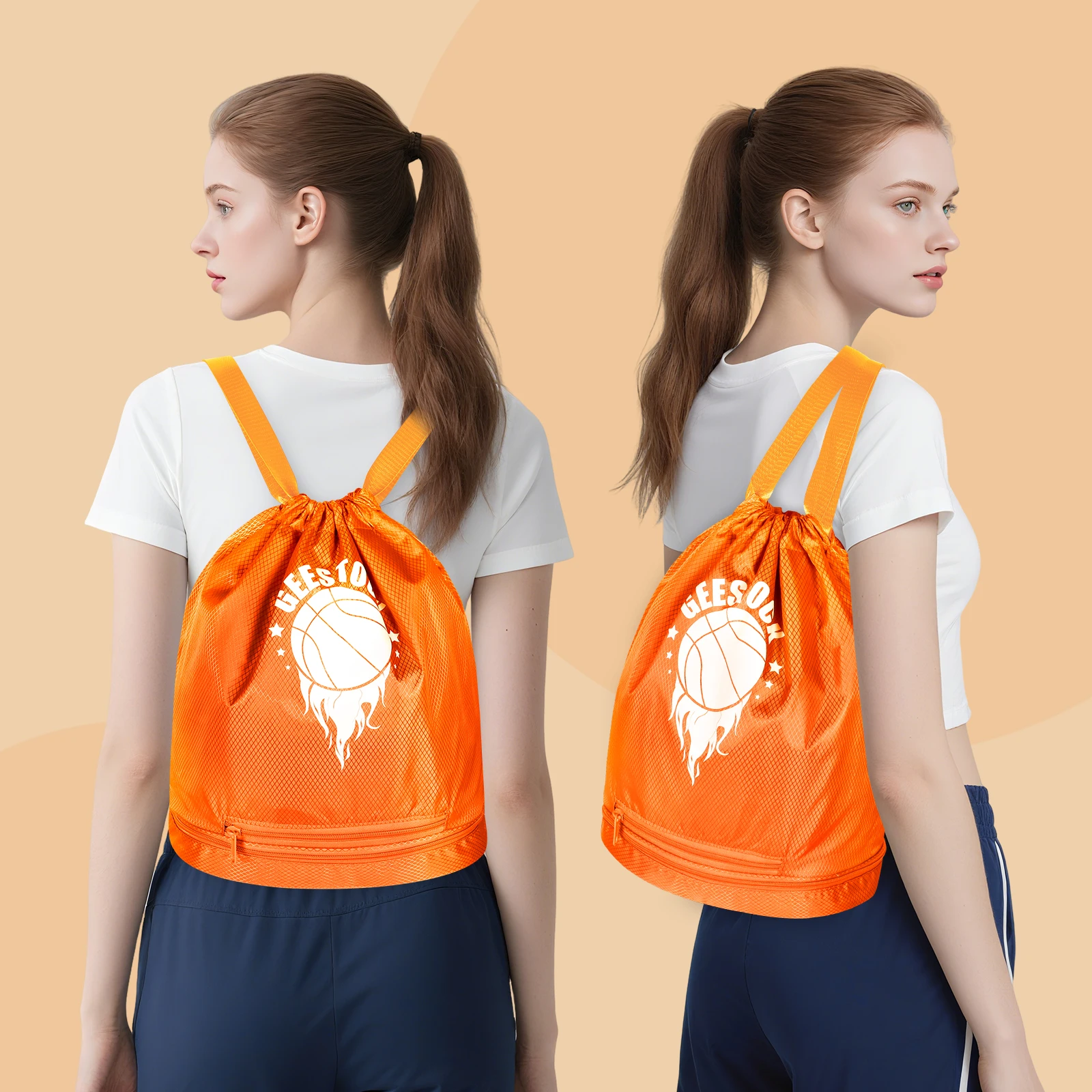 Picture 4: 20L Durable Orange Drawstring Gym Travel Storage Bag Women Sports Backpack for Basketball Football Running Outdoor Activities