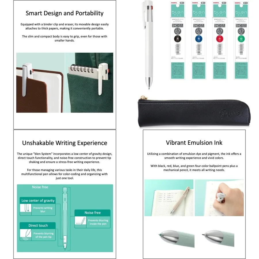 

ZEBRA Blen4+S White 0.7mm Multifunction Pen with 0.7mm Black/Blue/Red/Green and 0.5mm Mechanical Pencil + SNC-0.7 Refills for O