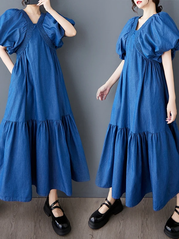 Vestido longo jeans estilo Hepburn da moda com mangas bufantes, decote em V, cintura solta, manga curta, peça única, novidade...