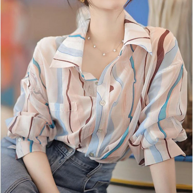 

2026 Summer Thin Color Stripe Design Loose Collar Single Row Button Long Sleeve Shirt for Women